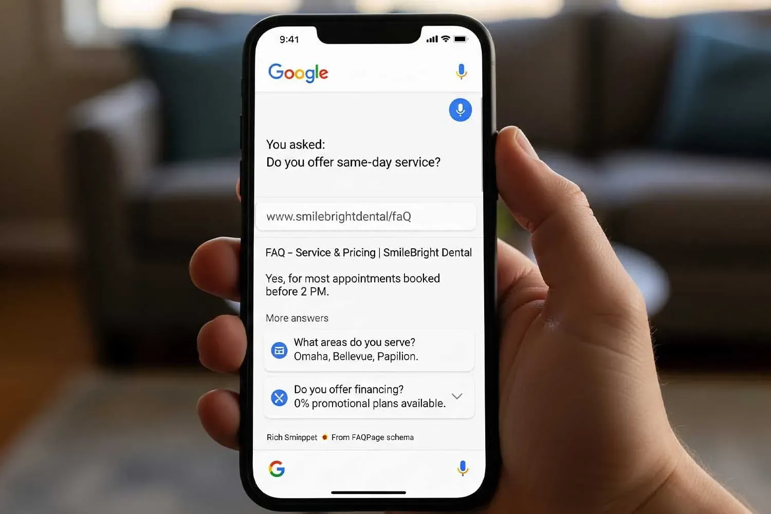 A mobile device displays a voice search interaction, showcasing a user asking a question and receiving structured FAQ results. The screen highlights rich snippets and alternative answers from a FAQ page, illustrating how voice search can effectively provide users with quick access to relevant information.