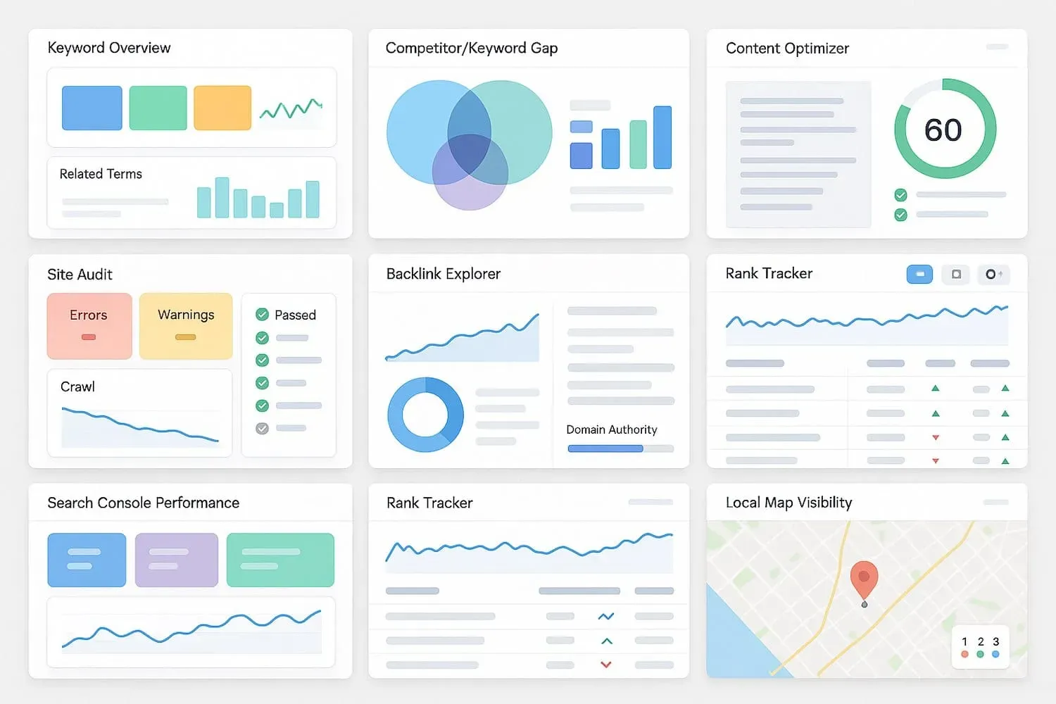 The image displays a screenshot featuring various interfaces and dashboards of AI SEO tools, showcasing functionalities like keyword research, content optimization, and performance analytics. These AI-powered tools assist in enhancing search engine rankings and improving a website